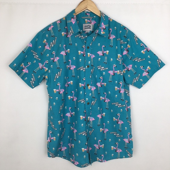 Party Pants Novelty Flamingo Pitcher Of Beer Button Up Shirt Aqua Blue Pink Sz M - Picture 1 of 11